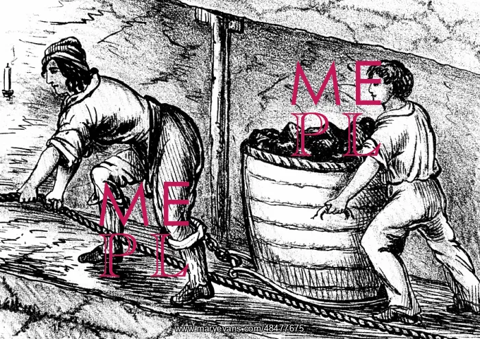 : Woman and boy underground in coal mine drawing : Woman and boy underground in coal mine drawing