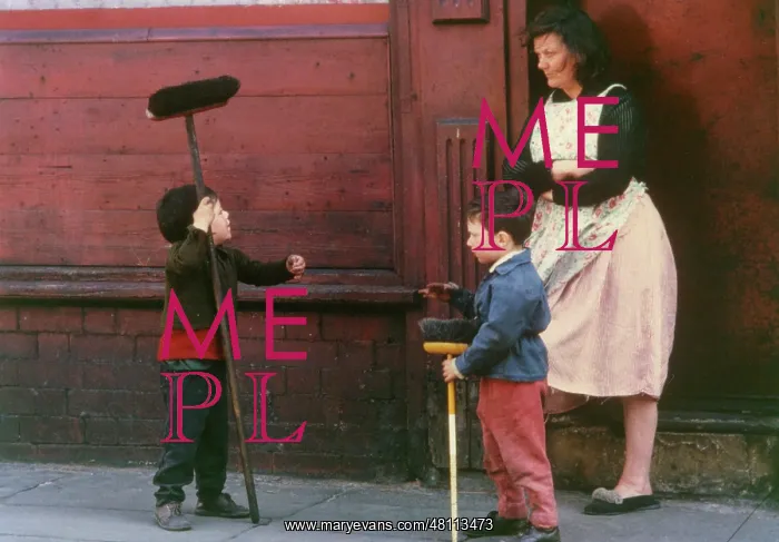 : Woman and two boys with sweeping brushes : Woman and two boys with sweeping brushes