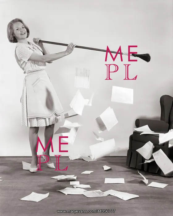 : Woman with Broom Sweeping up Papers Bills Making : Woman with Broom Sweeping up Papers Bills Making