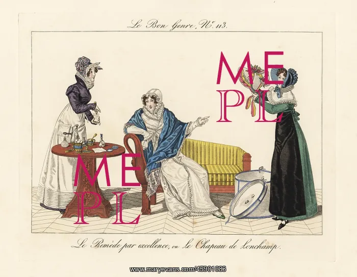 : Woman on a chaise longue looking at a new hat : Woman on a chaise longue looking at a new hat