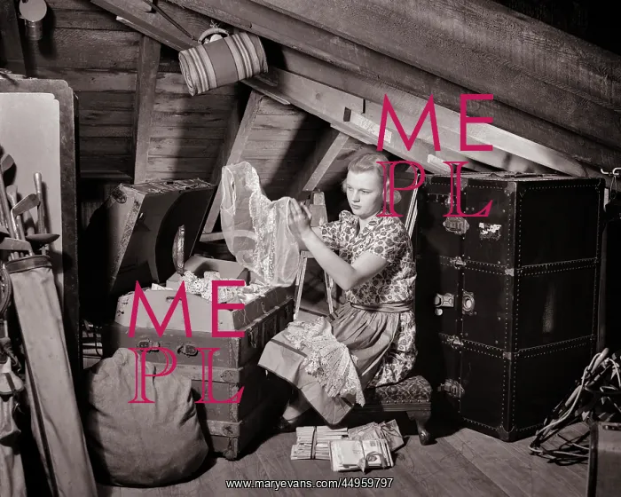 : Woman in Cluttered Attic Wearing Apron Looking : Woman in Cluttered Attic Wearing Apron Looking