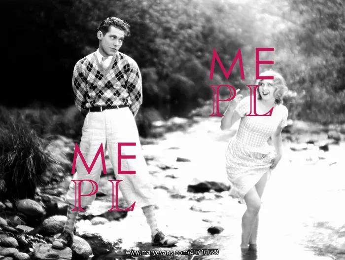 : Woman coaxing man into a stream : Woman coaxing man into a stream