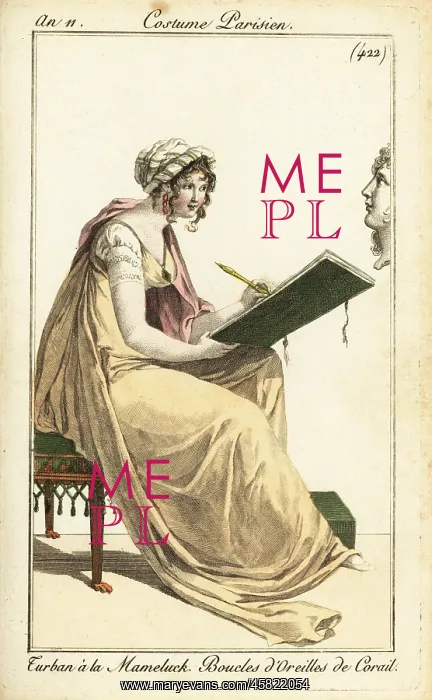 : Woman drawing a classical bust in a sketchbook, Paris, 1802 : Woman drawing a classical bust in a sketchbook, Paris, 1802