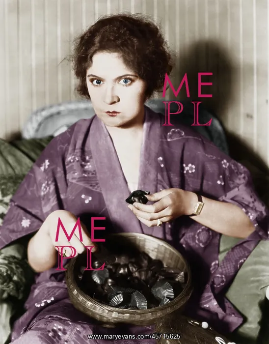  : Woman eating chocolates out of a bowl