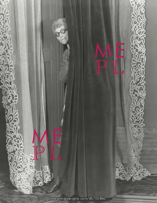  : Woman eavesdropping from behind curtain