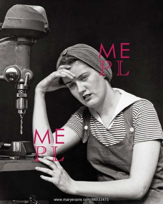 : Woman Factory Worker Sitting by Drill Press Machine : Woman Factory Worker Sitting by Drill Press Machine