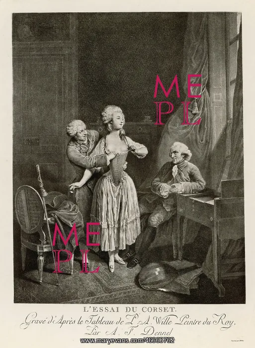 : Woman fitted with a corset by a staymaker : Woman fitted with a corset by a staymaker