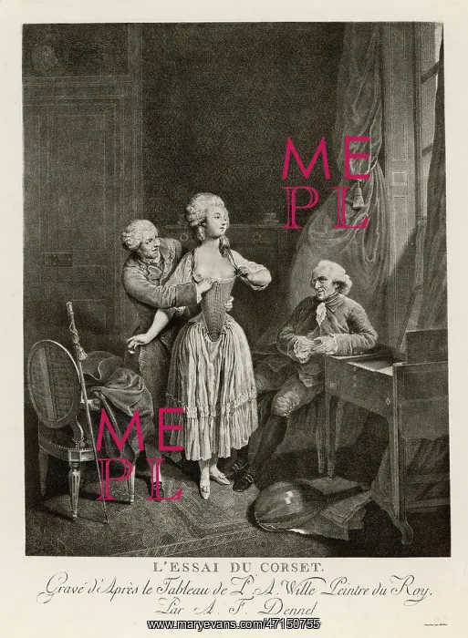 : Woman fitted with a corset by a staymaker : Woman fitted with a corset by a staymaker