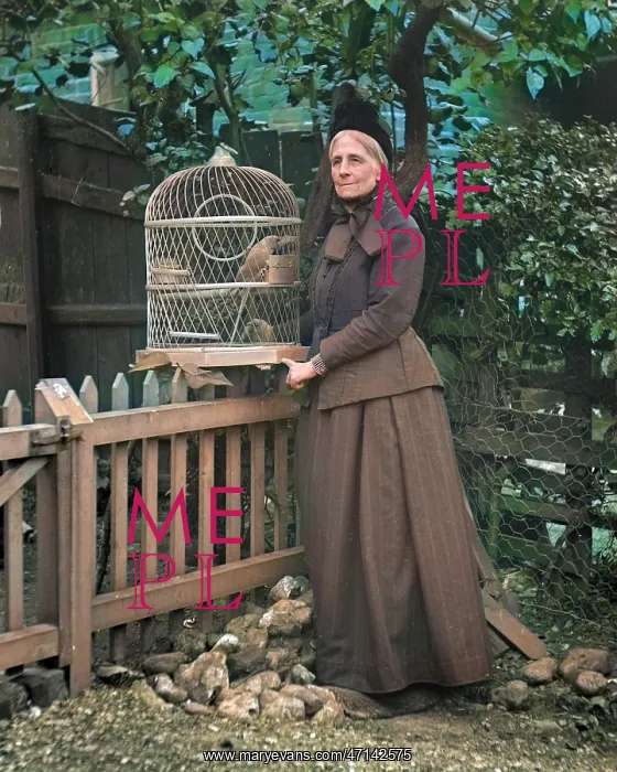 : Woman in garden with caged parrot : Woman in garden with caged parrot