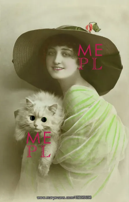: Woman with google-eyed cat : Woman with google-eyed cat