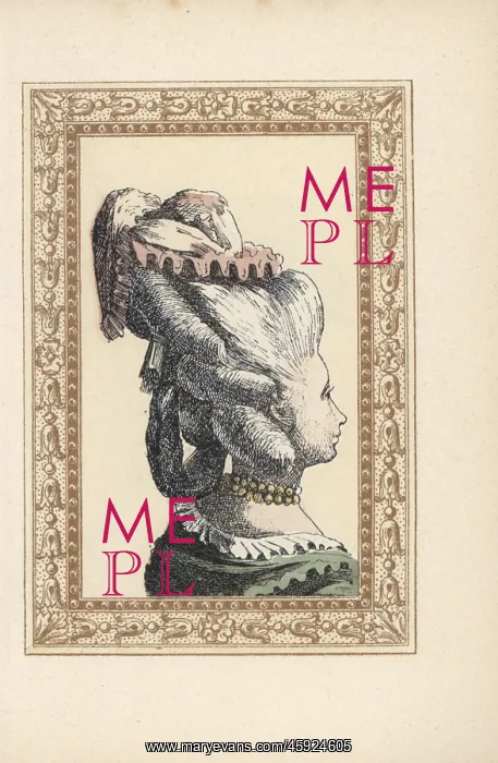 : Woman with her hair combed up and in ringlets : Woman with her hair combed up and in ringlets