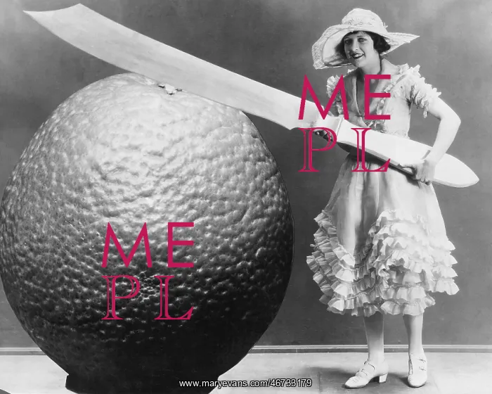 : Woman with huge knife and piece of fruit : Woman with huge knife and piece of fruit