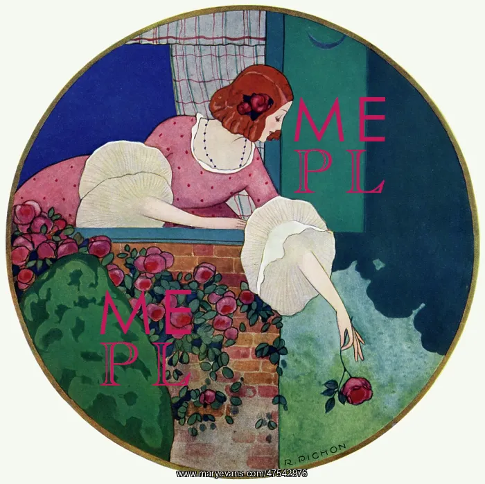 : Woman leaning out of window with rose : Woman leaning out of window with rose
