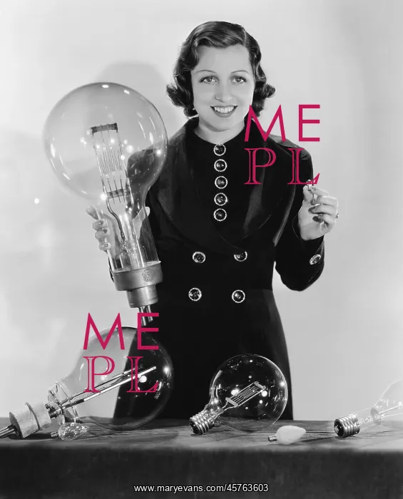 : Woman with light bulbs in various shapes and sizes : Woman with light bulbs in various shapes and sizes