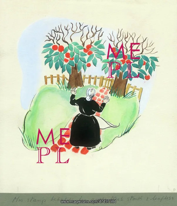: Woman looking at two apple trees : Woman looking at two apple trees