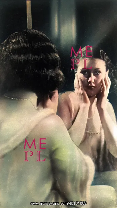 : Woman looking in a dressing table mirror : Woman looking in a dressing table mirror