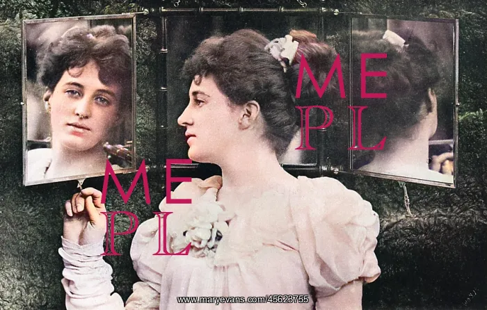 : Woman looking through mirror at her reflection : Woman looking through mirror at her reflection