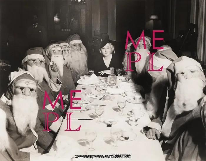 : Woman lunching with twelve Santa Clauses : Woman lunching with twelve Santa Clauses