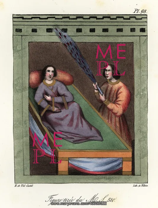 : Woman lying on a bed while a man fans her with : Woman lying on a bed while a man fans her with