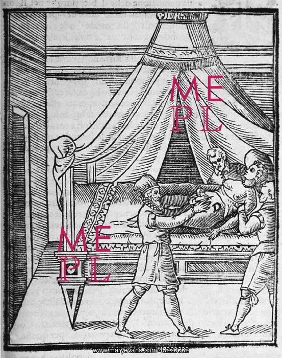 : A woman lying on a bed is being restrained ? : A woman lying on a bed is being restrained ?