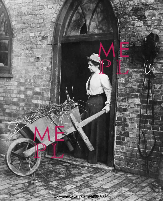: Woman mucking out a stable : Woman mucking out a stable