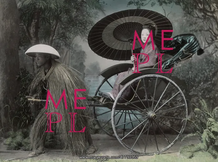 : Woman with parasol, rickshaw pulled by man in grass coat : Woman with parasol, rickshaw pulled by man in grass coat