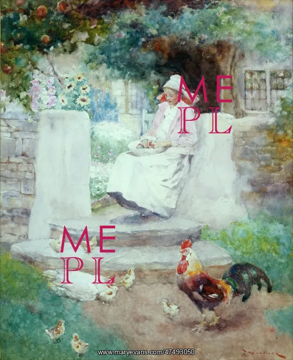 : Woman in pathway of cottage with chickens : Woman in pathway of cottage with chickens