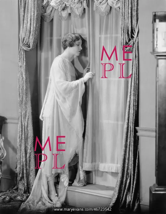 : Woman peeking out window : Woman peeking out window