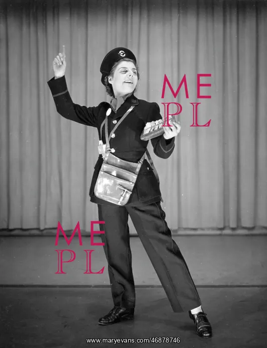  : Woman performing as a bus conductor in a comic sketch