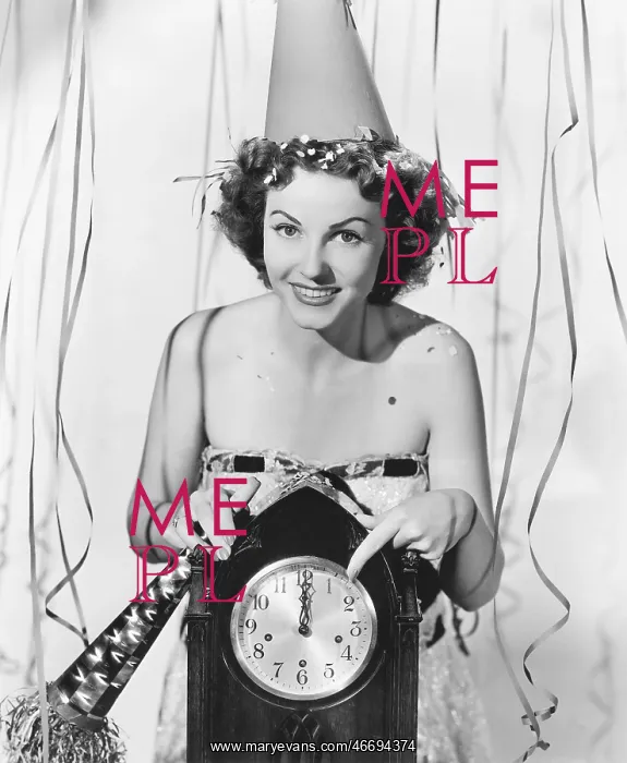  : Woman pointing at the clock at midnight