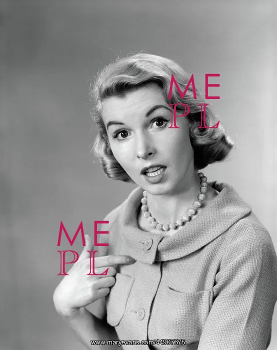 : Woman pointing to herself quizzical expression : Woman pointing to herself quizzical expression