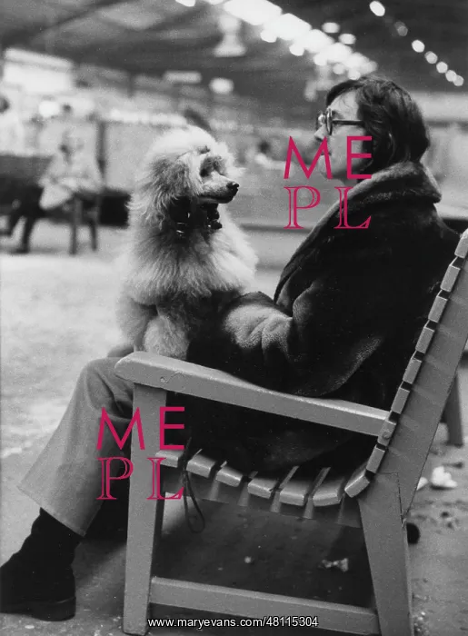 : Woman and poodle on a bench : Woman and poodle on a bench