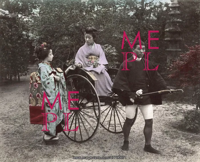 : Woman being pulled in rickshaw, jinrikisha, Japan : Woman being pulled in rickshaw, jinrikisha, Japan
