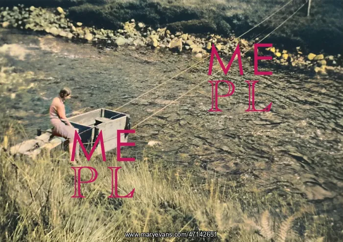 : Woman pushing box across river : Woman pushing box across river
