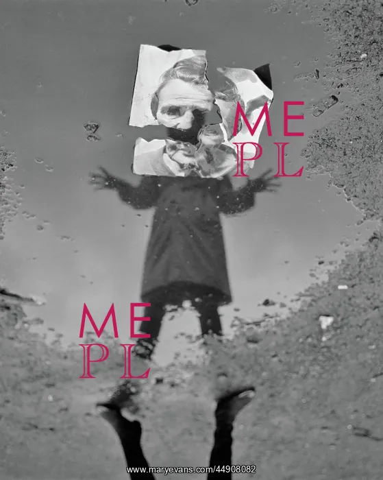 : Woman in Raincoat Looking into Puddle with Reflection B : Woman in Raincoat Looking into Puddle with Reflection B