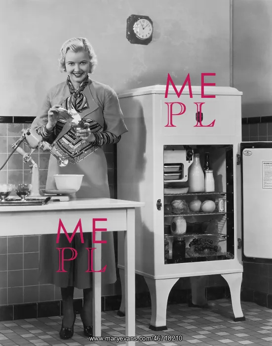 : Woman with refrigerator and mixer in kitchen : Woman with refrigerator and mixer in kitchen