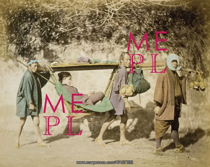 : A woman riding in a palanquin : A woman riding in a palanquin