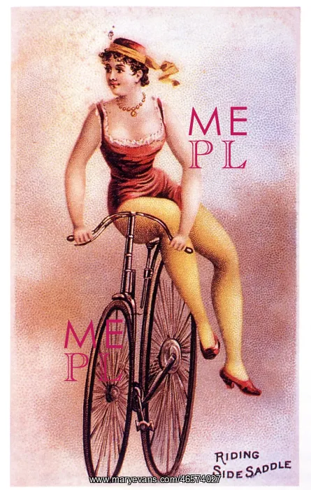 : Woman riding sidesaddle on a boneshaker bicycle : Woman riding sidesaddle on a boneshaker bicycle
