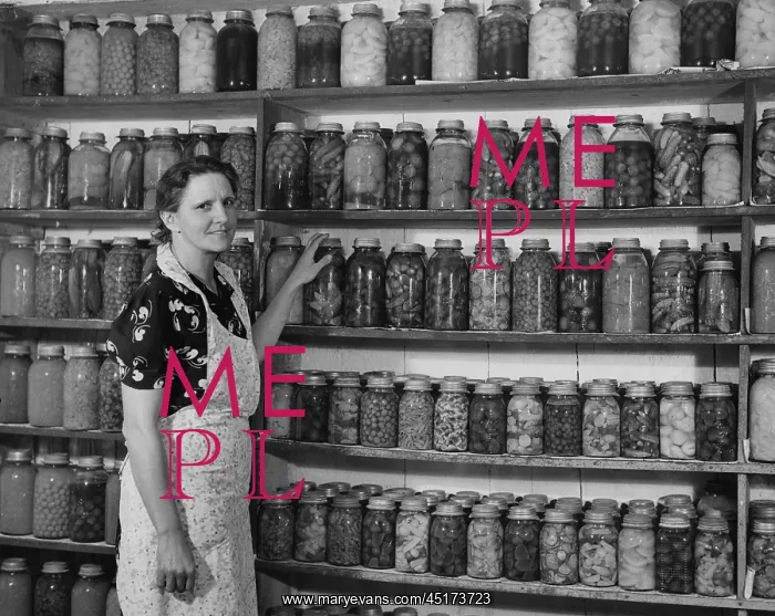 : Woman in front of shelfs full of cans of fruit and veg : Woman in front of shelfs full of cans of fruit and veg