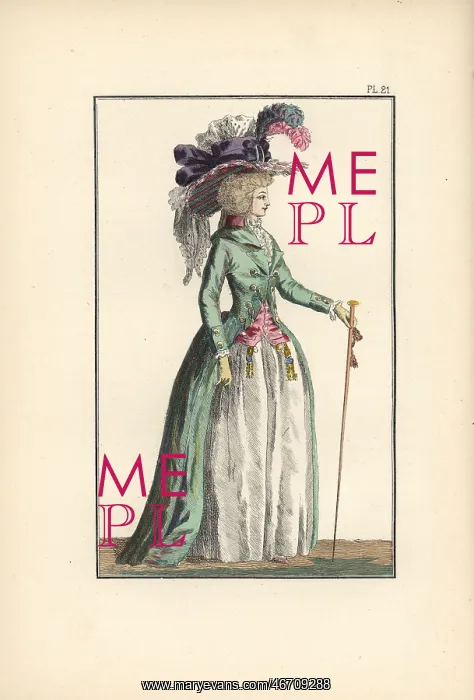 : Woman in a silk redingote and straw hat with : Woman in a silk redingote and straw hat with