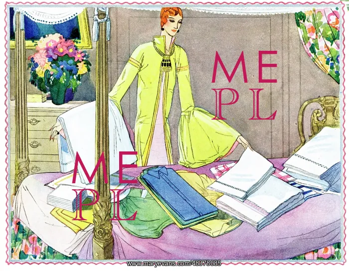  : Woman sorting out laundry on four poster bed