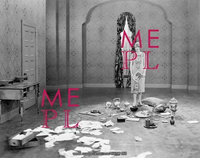 : Woman standing in an empty room scattered with letters : Woman standing in an empty room scattered with letters