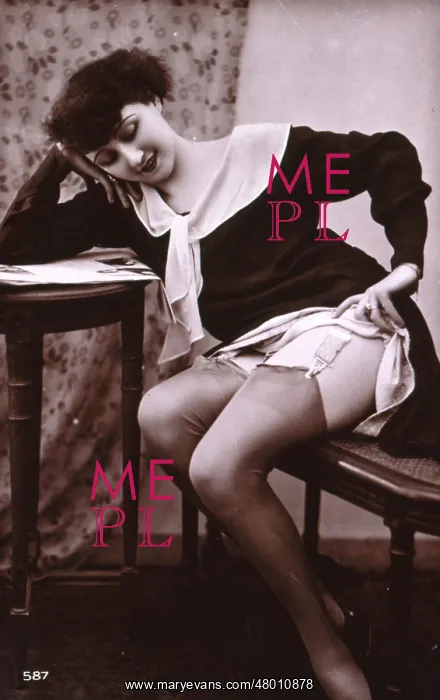 : Woman at a table, exposing her stockings : Woman at a table, exposing her stockings