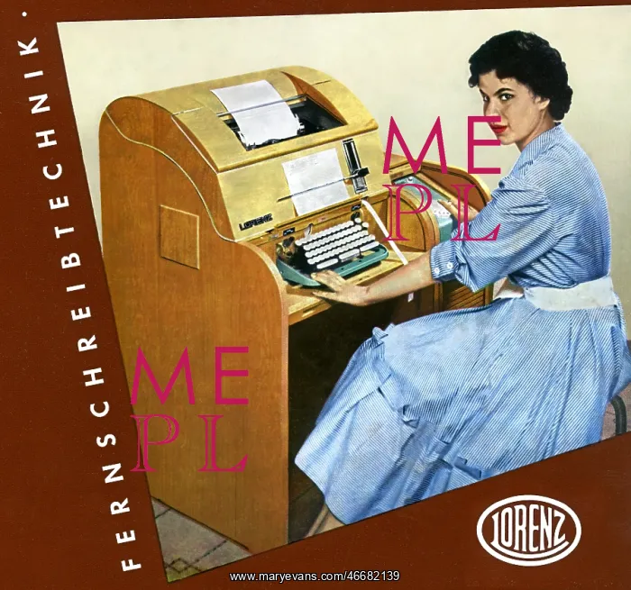 : Woman at telex machine : Woman at telex machine