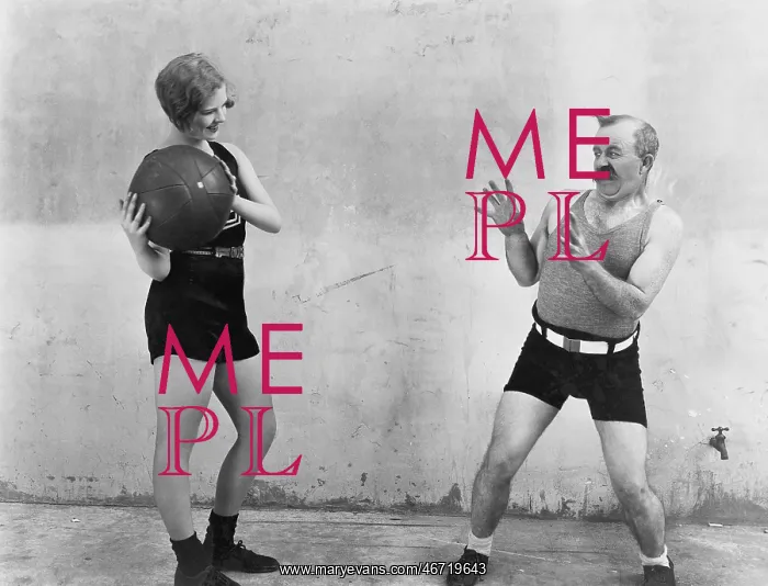 : Woman throwing ball to nervous man : Woman throwing ball to nervous man