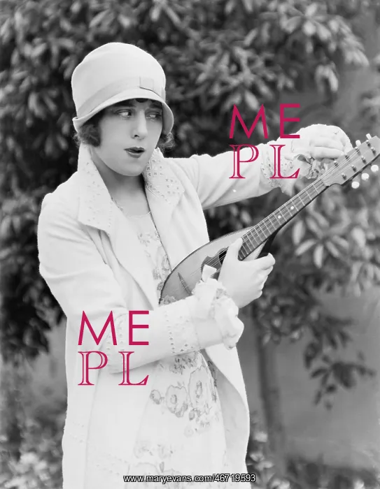 : Woman tuning mandolin outside : Woman tuning mandolin outside