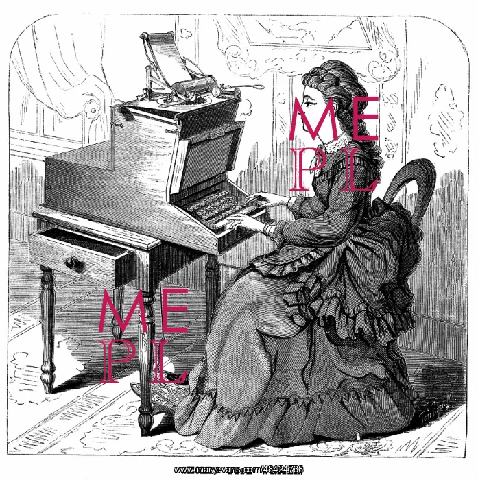 : Woman using typewriter by American inventor Christopher : Woman using typewriter by American inventor Christopher