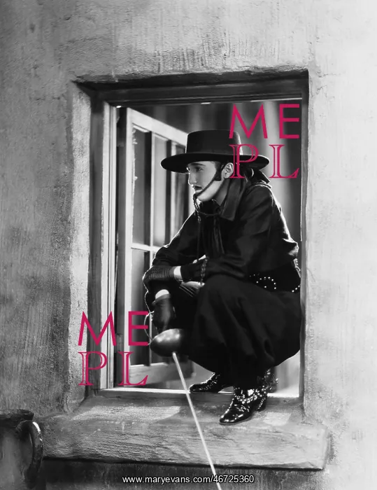 : Woman as Zorro crouching in a window : Woman as Zorro crouching in a window
