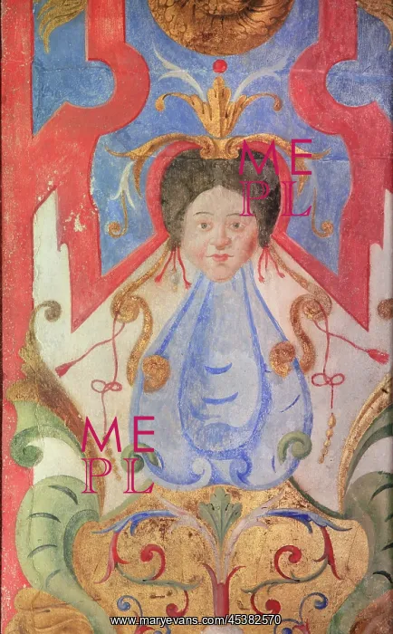 : Detail of woman's head on a decorative motif from : Detail of woman's head on a decorative motif from