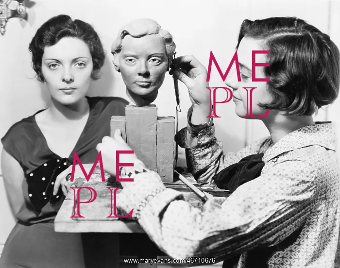 : Women and an artist standing together while one : Women and an artist standing together while one